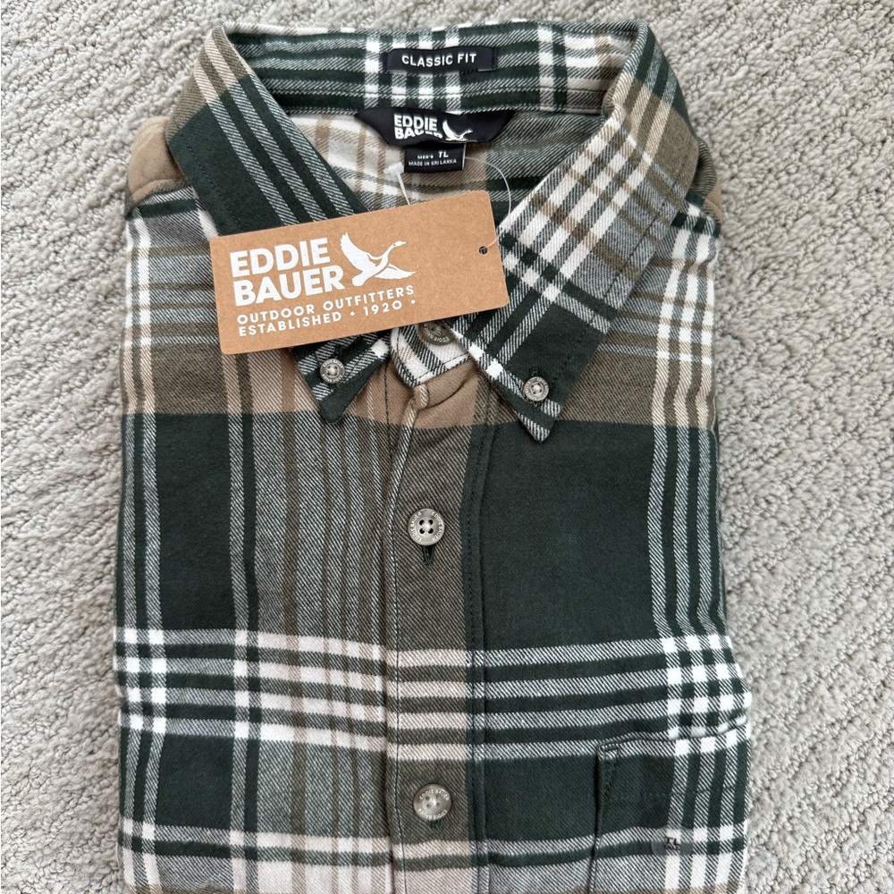 Eddie Bauer Men's Olive and Tan Plaid Shirt